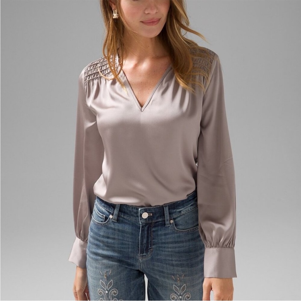 WHITE HOUSE BLACK MARKET Chic Satin Smocked Shoulder V neck Taupe Blouse XS